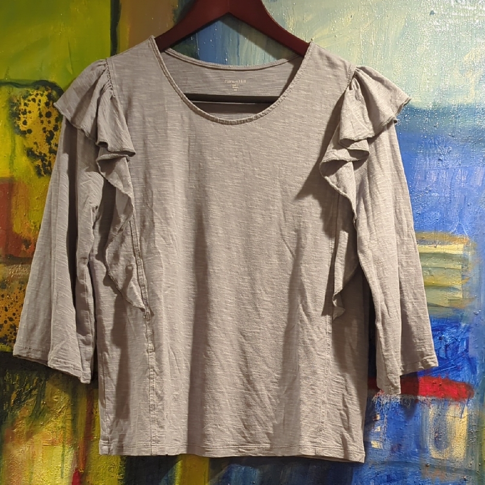 Garnet Hill Gray Ruffle Sleeve Women's 3/4 Sleeve Top Cotton/Tencel Blend